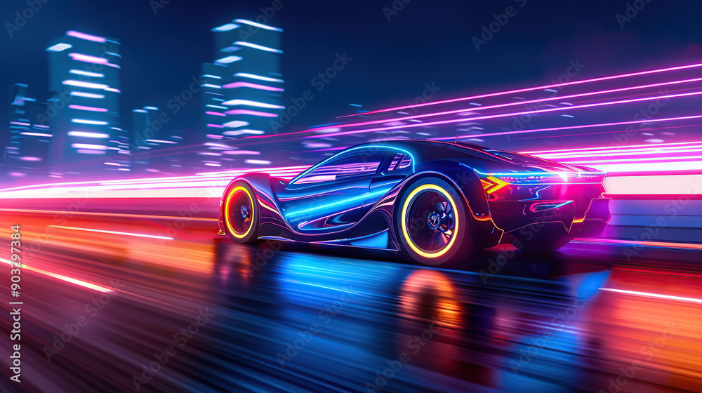 Fototapeta premium A futuristic electric car with neon lights