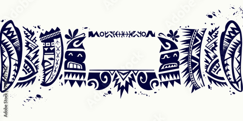 Traditional Polynesian tribal tattoo design, featuring geometric patterns and tiki figures, ideal for cultural artwork, body art inspiration, and ethnic decor, highlighting indigenous motifs