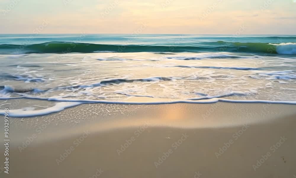 Golden hour paints the sky as gentle waves kiss the sandy shore Golden hour paints the sky as gentle waves kiss the sandy shore