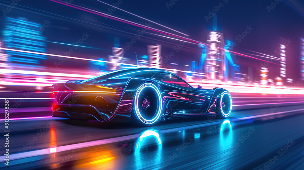 A futuristic electric car with neon lights A futuristic electric car with neon lights