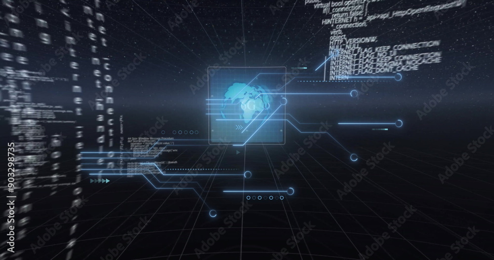 Obraz premium Image of 6g text, digital data processing over circuit board on black background