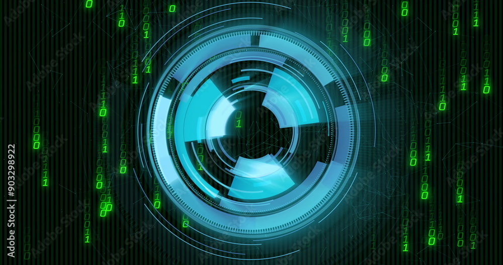 Futuristic digital interface with rotating elements and binary code image