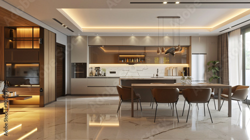 Modern dining room with elegant neutral color scheme and warm lighting