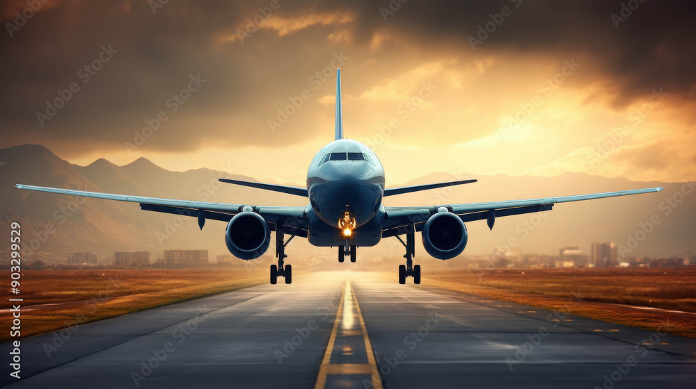 Large Commercial Airplane Preparing for Takeoff on a Wide Runway Amidst a Beautiful Sunset Large Commercial Airplane Preparing for Takeoff on a Wide Runway Amidst a Beautiful Sunset