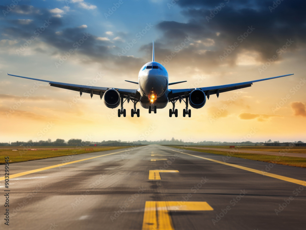 Large Commercial Airplane Preparing for Takeoff on a Wide Runway Amidst a Beautiful Sunset Large Commercial Airplane Preparing for Takeoff on a Wide Runway Amidst a Beautiful Sunset