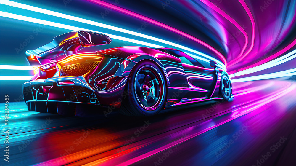 A high-speed race car in motion blur with speed lines at night time on the track A high-speed race car in motion blur with speed lines at night time on the track