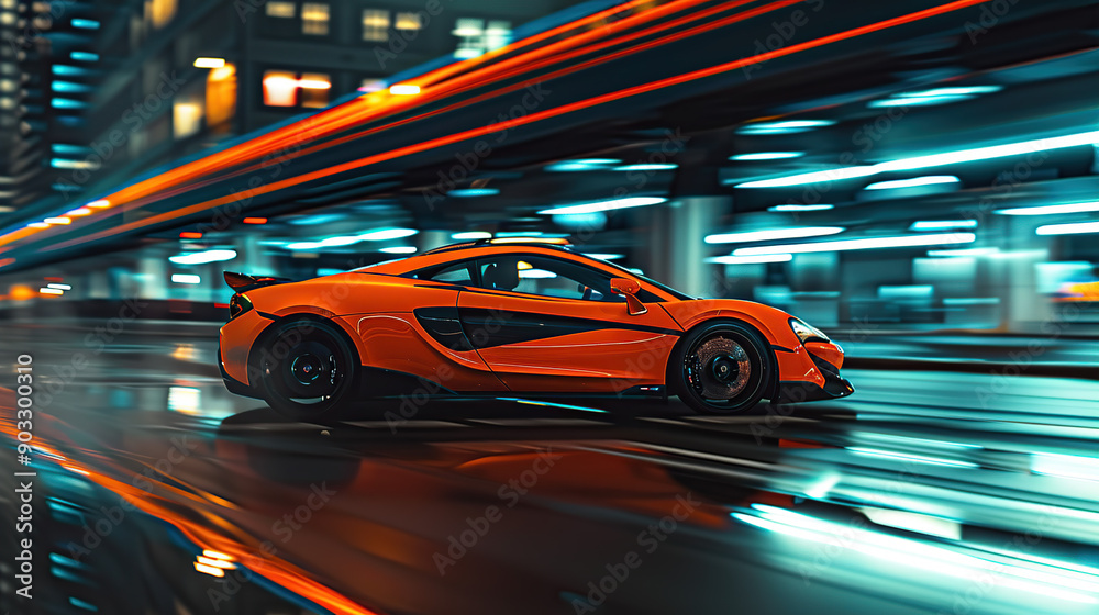 An orange supercar is driving in the dark underground parking lot An orange supercar is driving in the dark underground parking lot