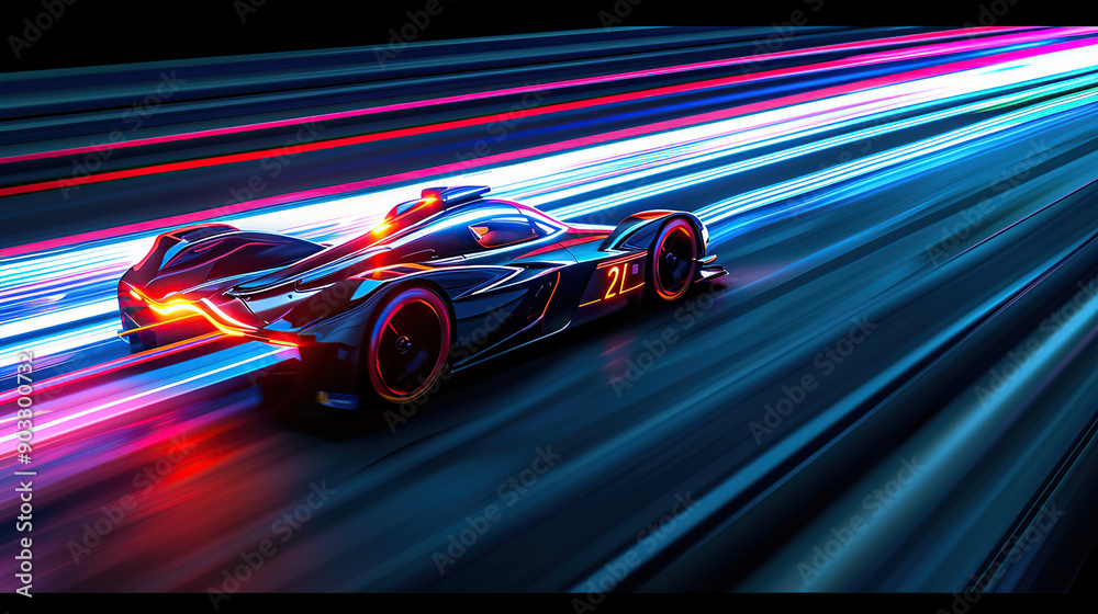 Fototapeta premium A high-speed race car in motion blur with speed lines at night time on the track