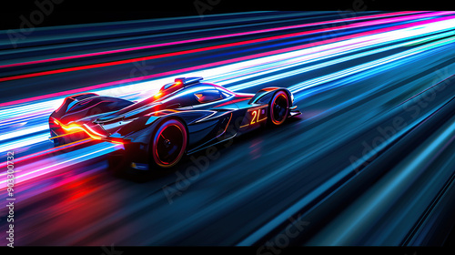 A high-speed race car in motion blur with speed lines at night time on the track