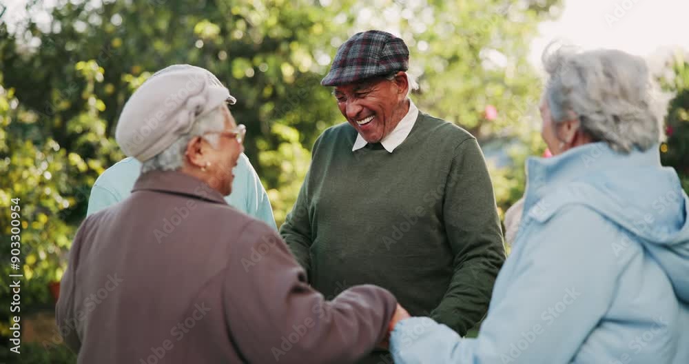 Friends, holding hands and laughing with old people in garden together for bonding, fun or retirement. Comedy, funny or smile with elderly men and woman in circle at park for dance or wellness Friends, holding hands and laughing with old people in garden together for bonding, fun or retirement. Comedy, funny or smile with elderly men and woman in circle at park for dance or wellness