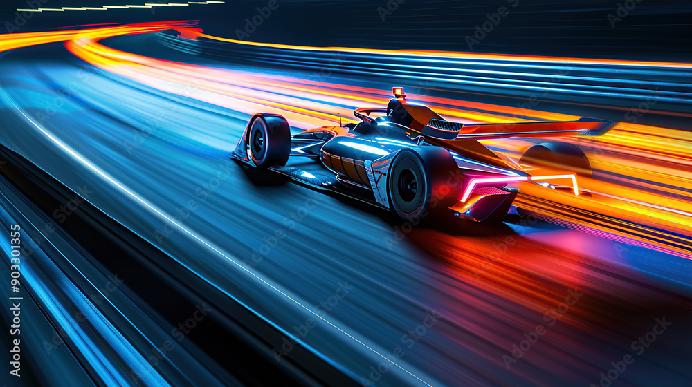 A high-speed race car in motion blur with speed lines at night time on the track