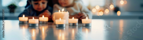 Two children admire glowing candles in a cozy setting, showcasing warmth, wonder, and serenity in a peaceful atmosphere. © HDP-STUDIO