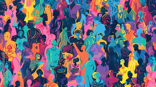 Colorful silhouette abstract art of a people crowd