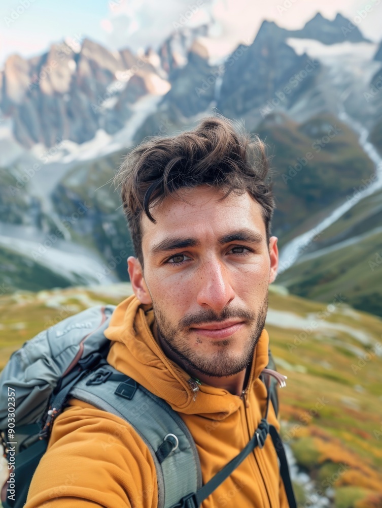 A person on the go captures a moment while wearing a backpack, great for travel or adventure-themed content A person on the go captures a moment while wearing a backpack, great for travel or adventure-themed content