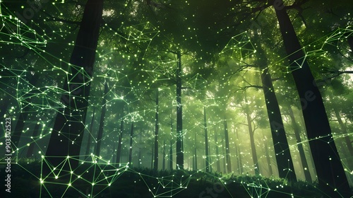 Futuristic digital forest concept with green trees