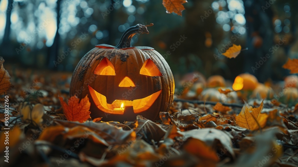 A carved pumpkin sits on a pile of fall leaves, perfect for Halloween or autumnal decoration