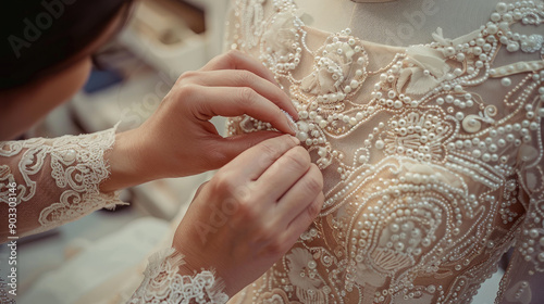 Seamstress Handcrafting Intricate Beaded Lace on Elegant Wedding Dress in Atelier photo