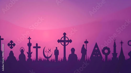 Religious symbols on a purple gradient background