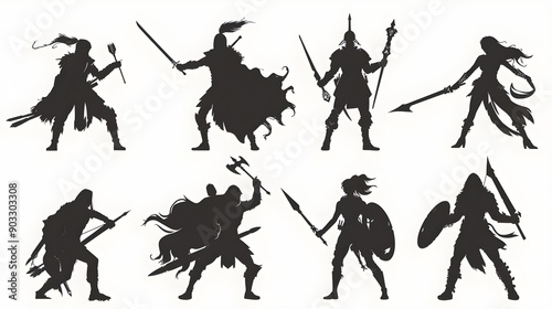 Silhouettes of male and female warriors in various poses