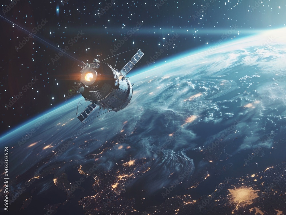 View of Earth from space with satellite in foreground, suitable for use as background or illustration View of Earth from space with satellite in foreground, suitable for use as background or illustration