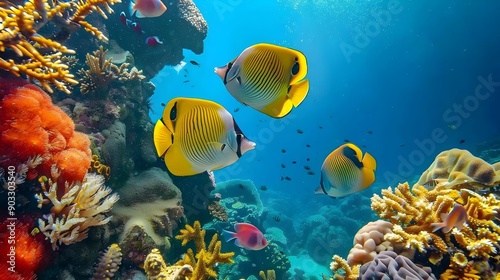 Underwater scene with colorful fishes swimming