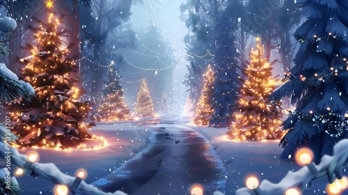 Winter forest background with a road perspective