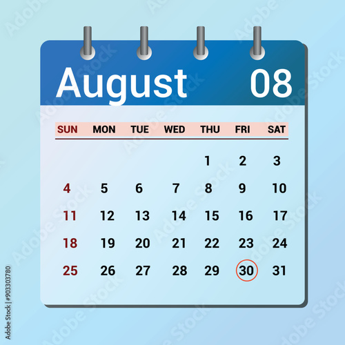 vector page of August month calendar and highlighted date August 30