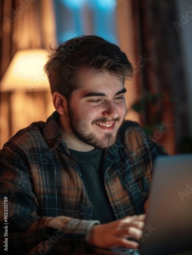 A person sits in front of a laptop with a focused expression, surrounded by calm atmosphere