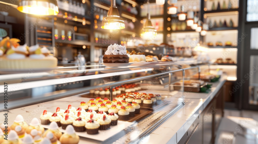 a commercial kitchen interior in a restaurant with stainless steel appliances and food processing station, Hot and Cold foods, Pastry and Preparation Station, Sauce and baking  preparation unit 