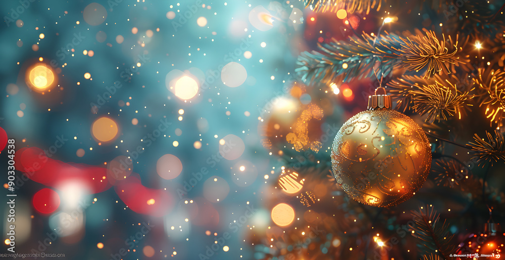 A Christmas tree with a golden ornament hanging from it A Christmas tree with a golden ornament hanging from it