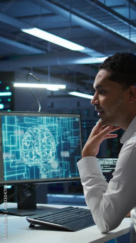 Vertical video Computer scientist using AI tech on PC to do checkup in server room. IT staff member in data center using artificial intelligence technology to process datasets for training, camera B Vertical video Computer scientist using AI tech on PC to do checkup in server room. IT staff member in data center using artificial intelligence technology to process datasets for training, camera B