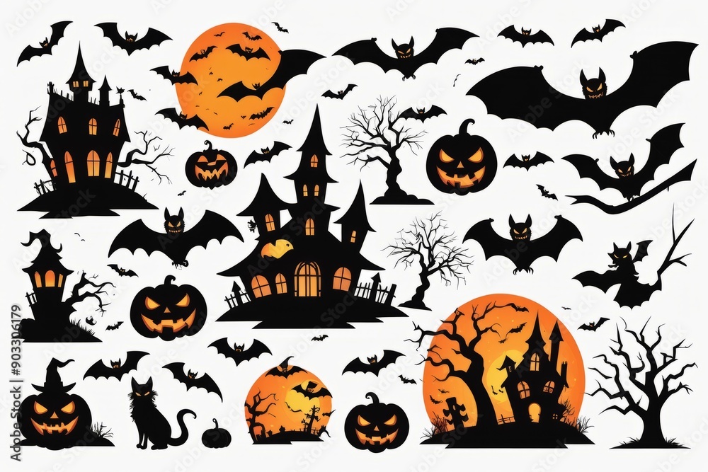 Halloween background with sticker pumpkins bats ghost and spooky decorations on white background Halloween background with sticker pumpkins bats ghost and spooky decorations on white background