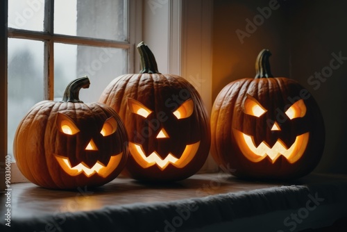 A spooky Halloween pumpkin beside windows photo