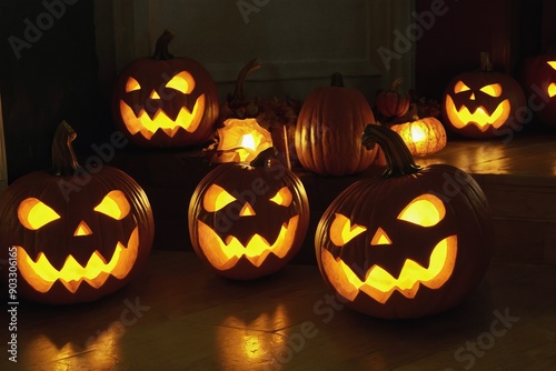 A spooky Halloween pumpkin on a dark floor background photo