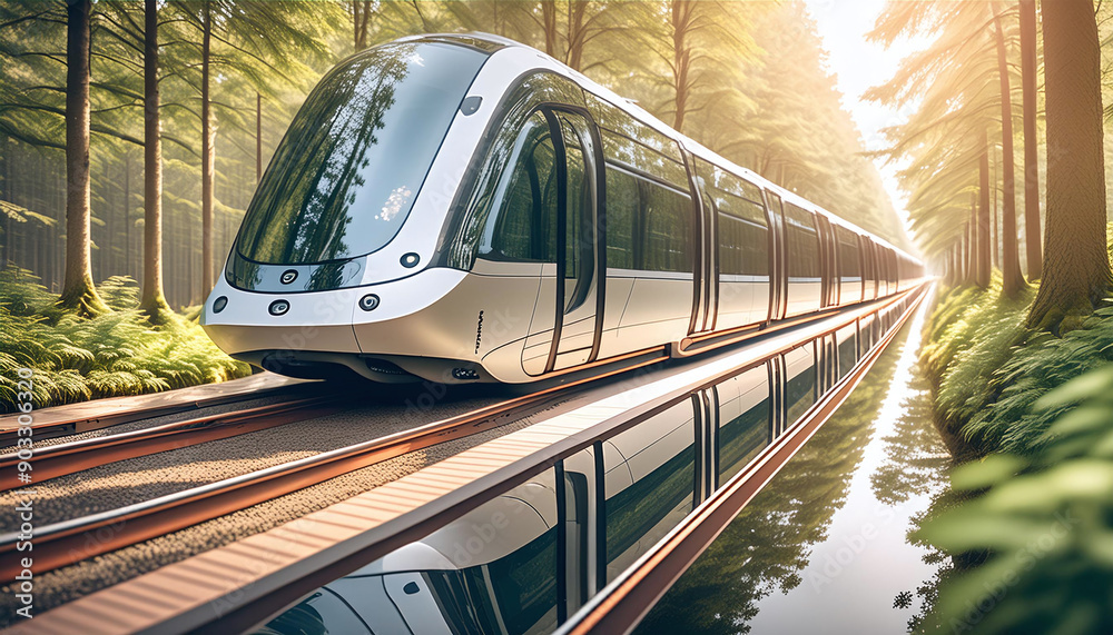 Naklejka premium A sleek, futuristic train glides through a lush forest