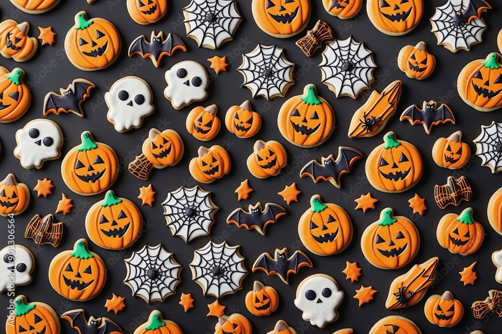 Happy Halloween cookies seamless pattern for autumn holiday celebration view from above Happy Halloween cookies seamless pattern for autumn holiday celebration view from above