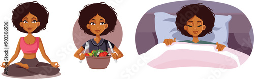 Girl Eating Healthy, Sleeping and Exercising Vector Illustration. Calm mindful woman meditating and taking self-care seriously 
