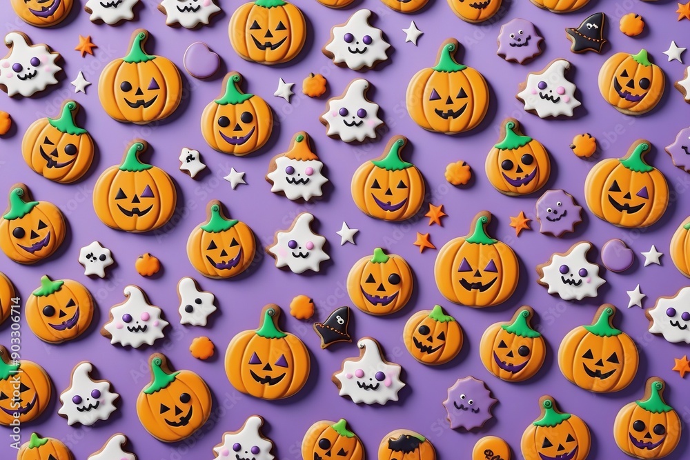 Seamless pattern of Halloween cookies isolated purple background Seamless pattern of Halloween cookies isolated purple background