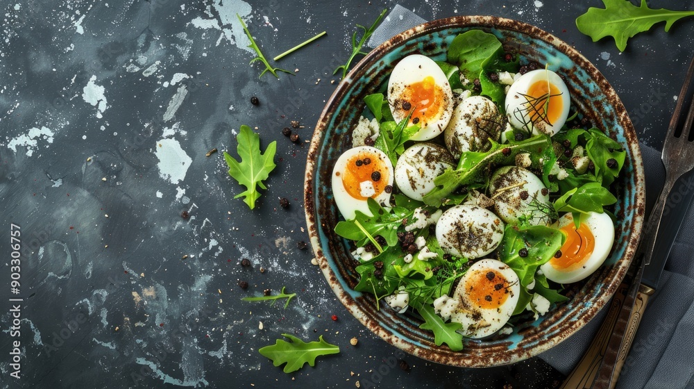 Quail egg salad rustic background top view with copy space Quail egg salad rustic background top view with copy space