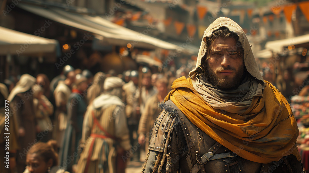 Witcher in Lively Medieval Market Square with Traders and Townsfolk Witcher in Lively Medieval Market Square with Traders and Townsfolk
