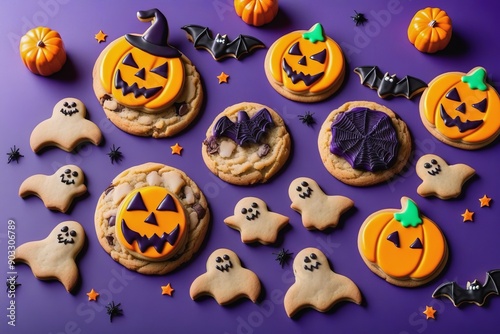 Halloween background with home made cookies pumpkins bats ghost and spooky decorations on purple velvet background