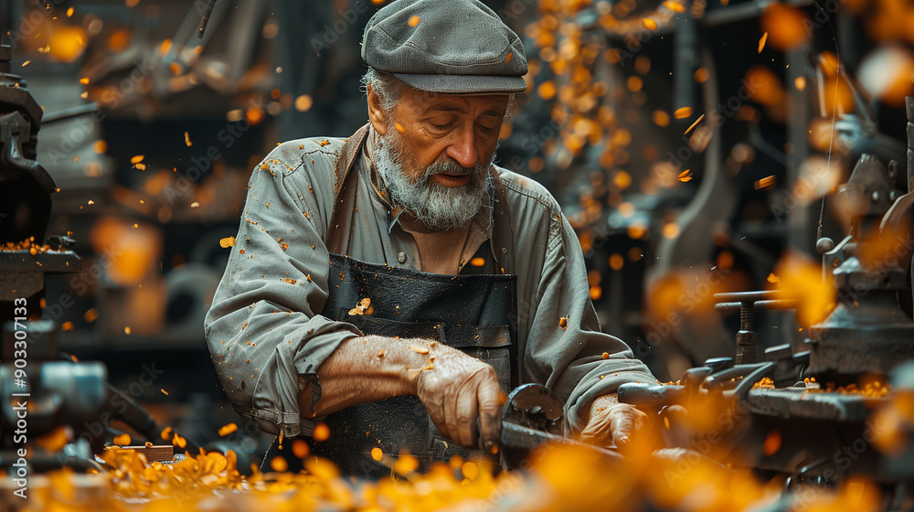 Victorian-Era Blacksmith Hammering Horseshoe in Workshop
