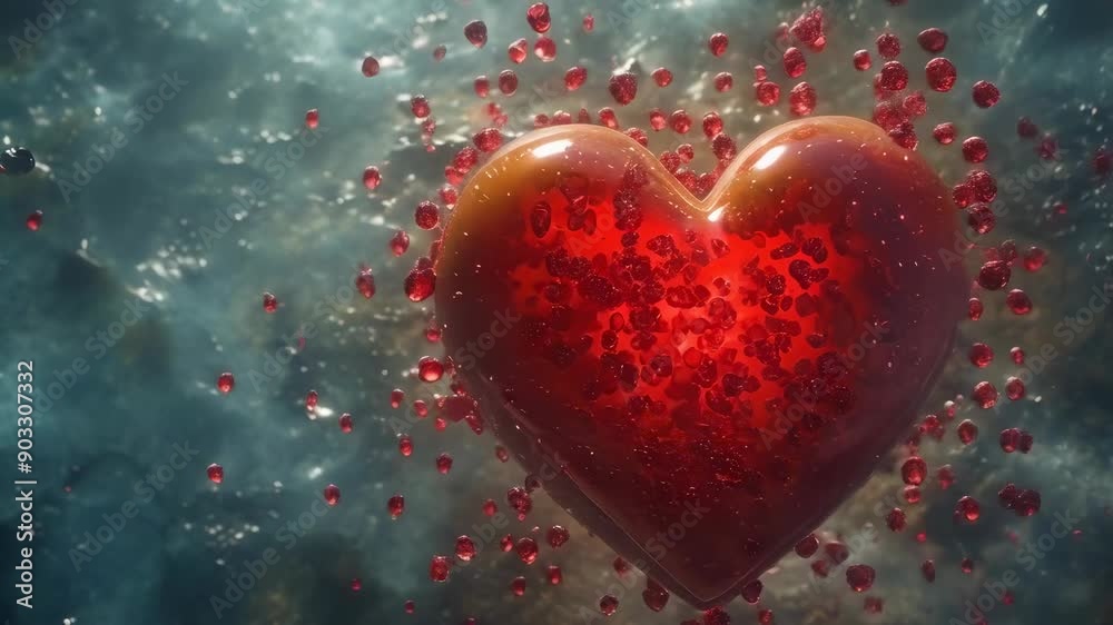 A glowing red heart shape is submerged in water, emitting light and surrounded by small red bubbles. The underwater scene creates a mystical and romantic atmosphere. A glowing red heart shape is submerged in water, emitting light and surrounded by small red bubbles. The underwater scene creates a mystical and romantic atmosphere.