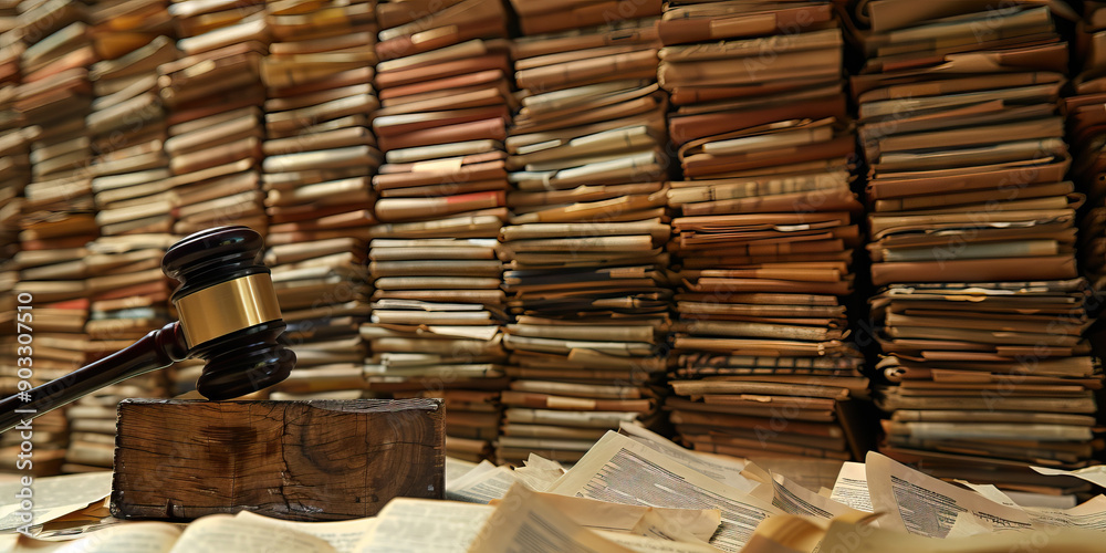 A judge's gavel, resting on a wooden block, amidst stacks of legal documents. A judge's gavel, resting on a wooden block, amidst stacks of legal documents.