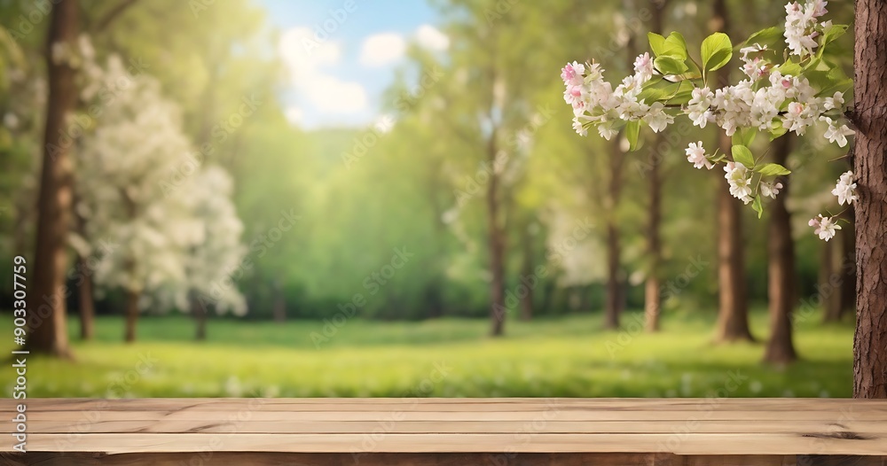 Wooden table and spring forest background Wooden table and spring forest background