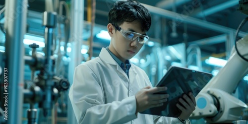 A scientist examining data on a tablet while wearing a lab coat, suitable for medical or research illustrations