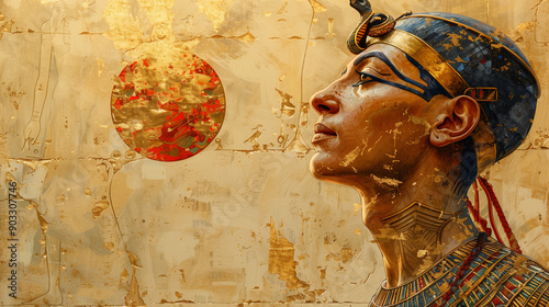Illustrated Portrait of Akhenaten with Elongated Features and Royal Attire, Soft Gold Background with Amarna Period Artistic Elements