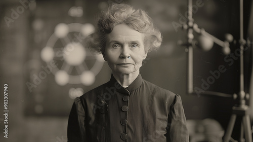 Professional Portrait of Marie Curie in Early 20th-Century Attire with Serious Expression