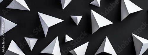 Minimalist triangles and polygons for design. Banner template with white space in the center on a black background. Suitable for modern posters, clean presentations, and digital backgrounds.