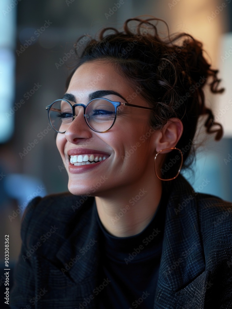 A happy woman with glasses looks directly at the camera A happy woman with glasses looks directly at the camera